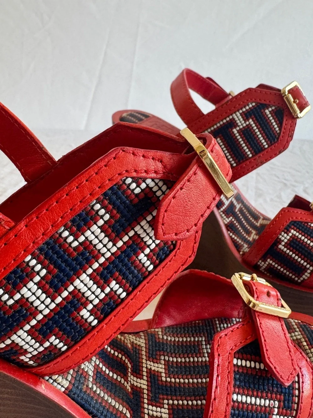 Tory Burch Red High Wedge Beaded Sandals with Gold Buckles